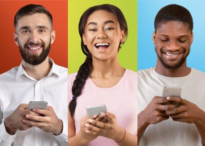 Cheerful Multiethnic People Browsing Social Media On Smartphones Over Colorful Backgrounds, Happy Diverse Men And Women Using Mobile Phones For Online Communication, Creative Collage, Panorama